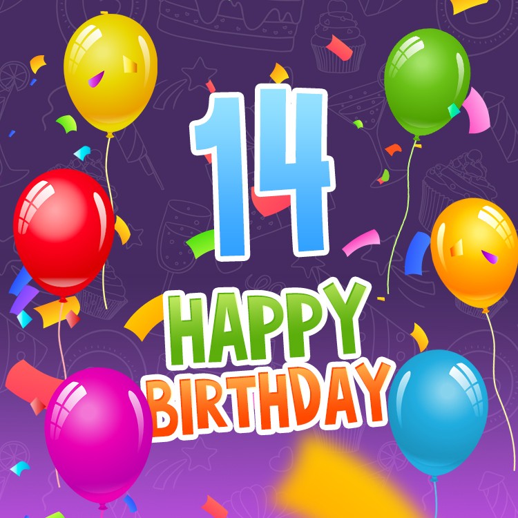 Happy 14th Birthday Image with colorful balloons (square shape image)