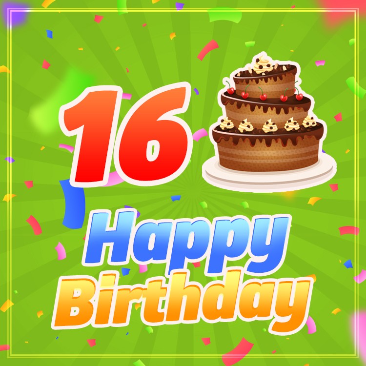 Happy 16th Birthday Image with cartoon cake (square shape image)