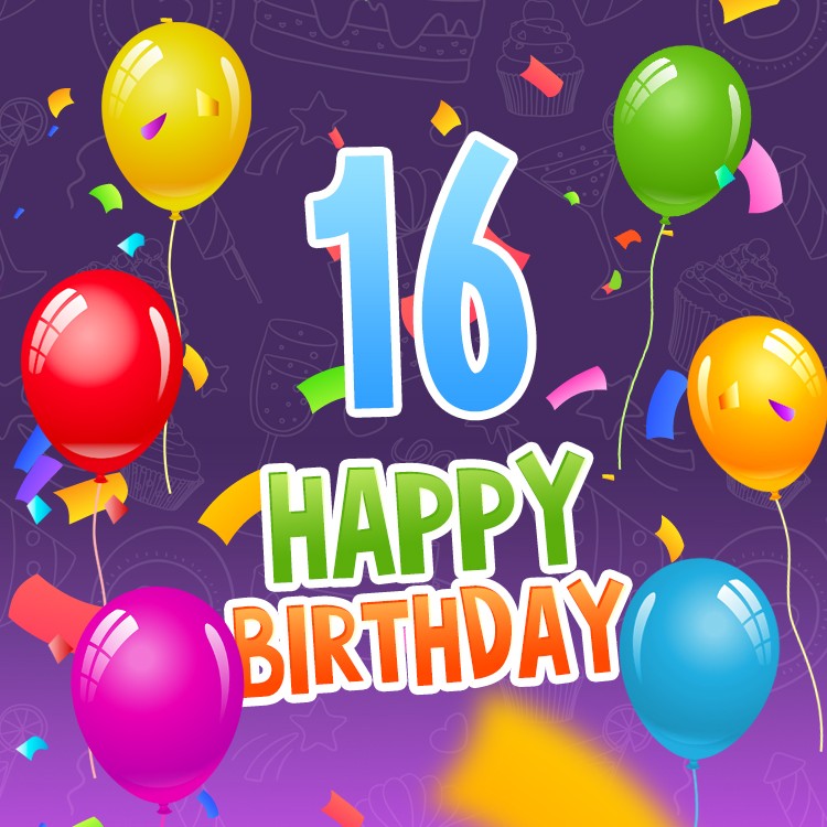 Happy 16th Birthday Image with colorful balloons (square shape image)