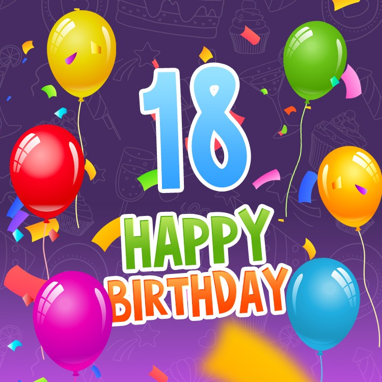 Happy 18th Birthday Image with colorful balloons (square shape image)