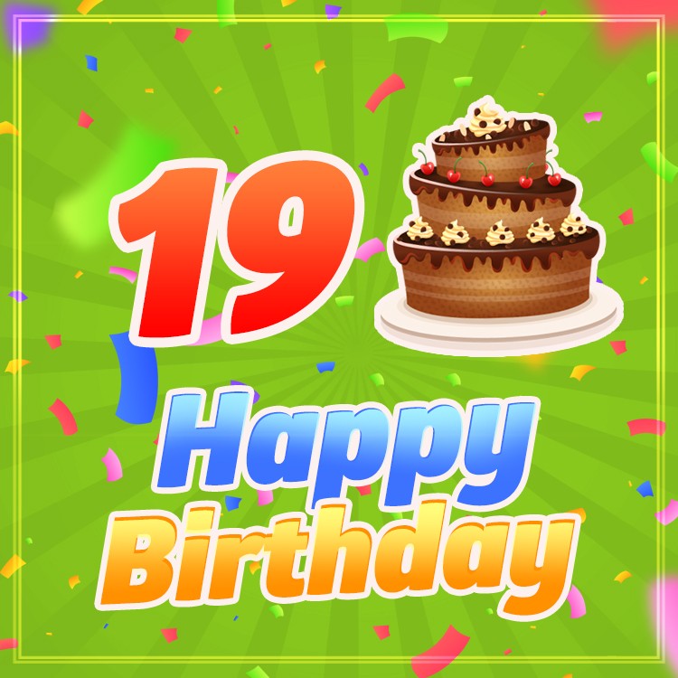 Happy 9th Birthday Image with cartoon chocolate cake on green background (square shape image)