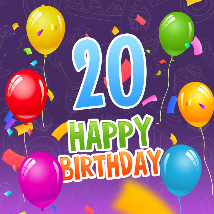 Happy 20th Birthday Image with colorful balloons (square shape image)