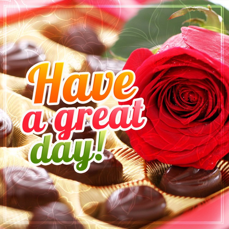 Have a Great Day square shape image with red rose and chocolate candies (square shape image)