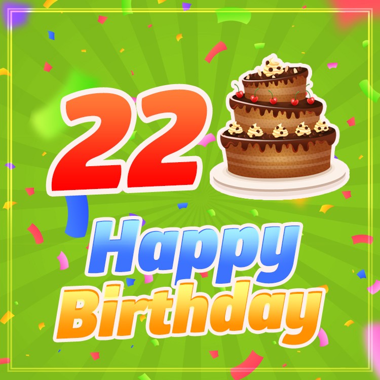 Happy 22nd Birthday Image with cartoon cake (square shape image)