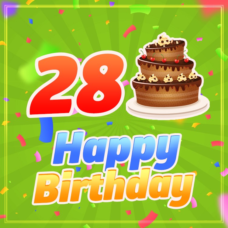 Happy 28th Birthday Image with cartoon chocolate cake (square shape image)