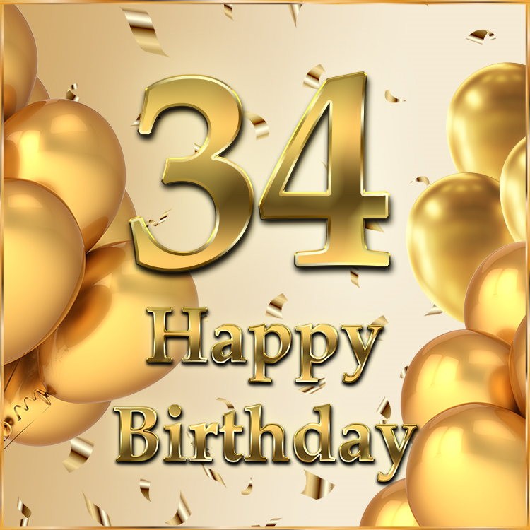 Happy 34th Birthday Greeting Card with golden number (square shape image)