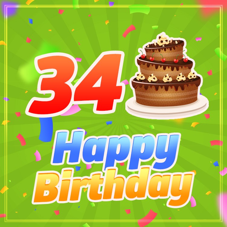 Happy 34th Birthday Image with cartoon chocolate cake (square shape image)