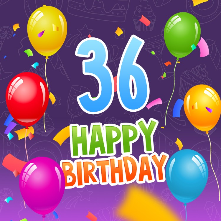 Happy 36th Birthday Picture with colorful balloons and confetti (square shape image)