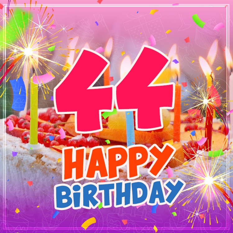 Happy 44th Birthday picture with cake and candles (square shape image)