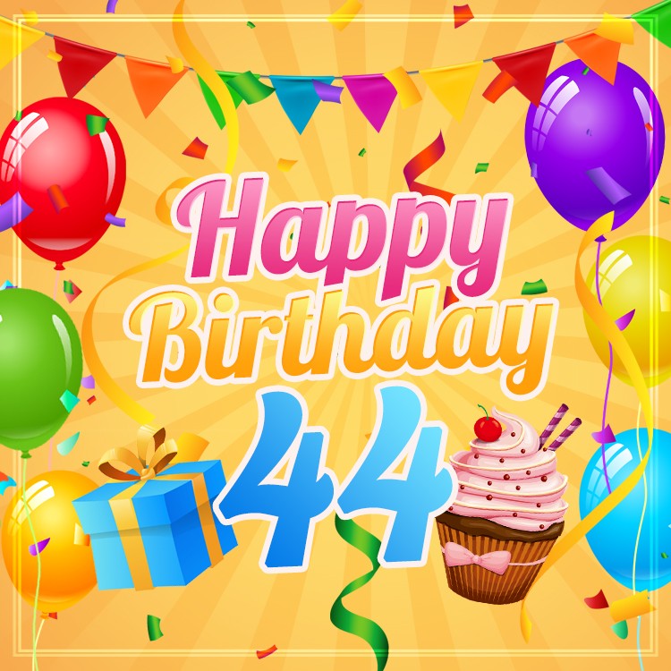 Happy 44th Birthday image with cupcake and gift box (square shape image)