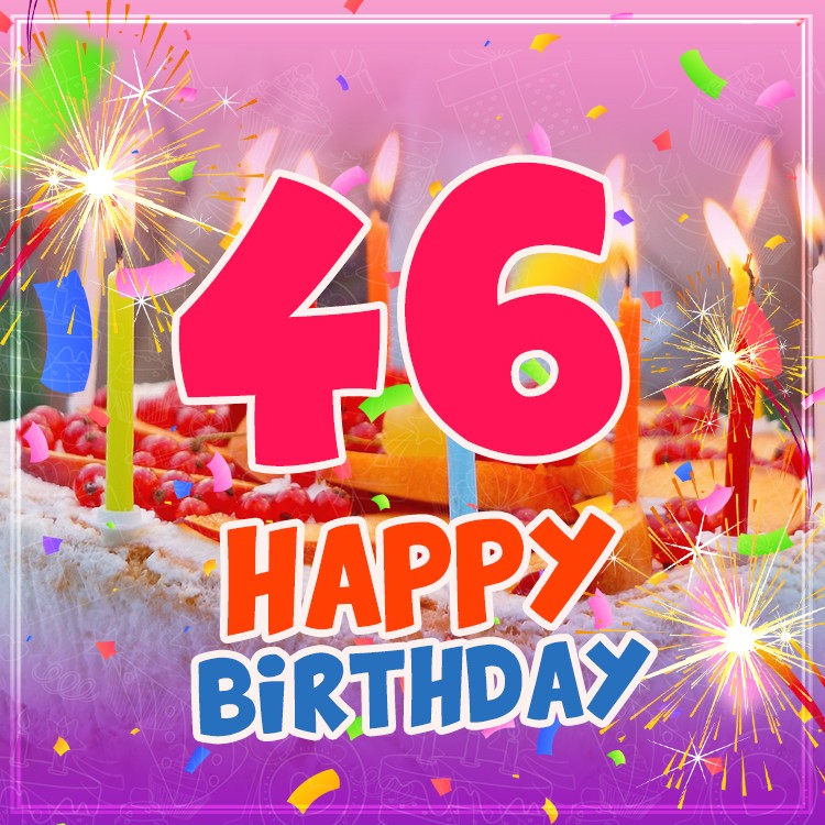 Happy 46th Birthday colorful image with cake and candles (square shape image)