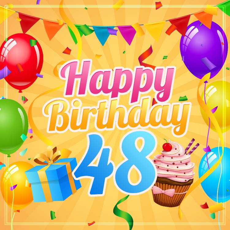 Happy 48th Birthday Greeting Card with cupcake and gift box (square shape image)