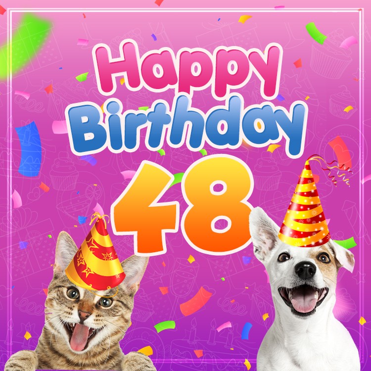 Happy 48th Birthday funny Greeting Card with cat and dog (square shape image)