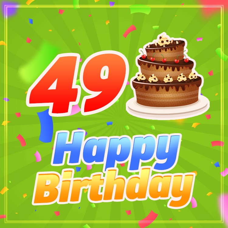 Happy 49th Birthday image with cartoon chocolate cake (square shape image)