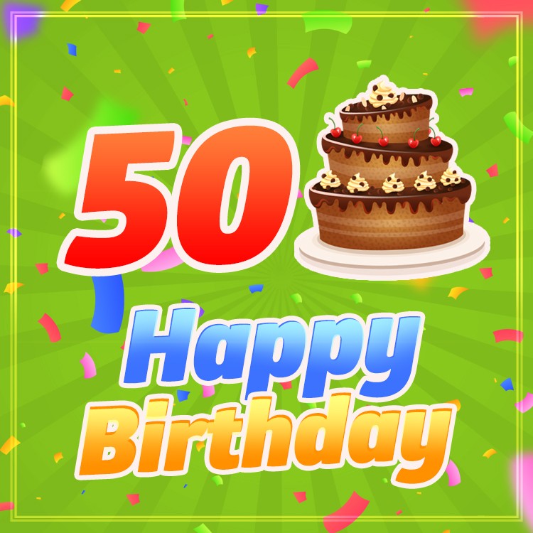 Happy 50th Birthday Greeting Card with cartoon chocolate cake (square shape image)