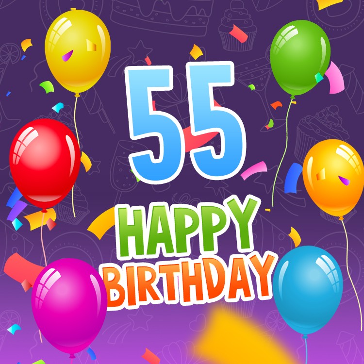 Happy 54th Birthday Greeting Card with colorful balloons and confetti (square shape image)