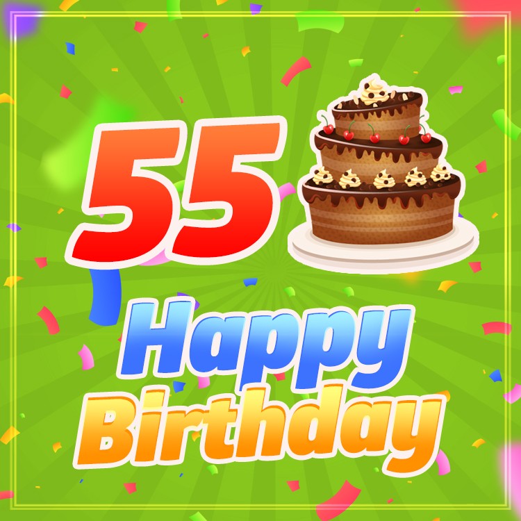 Happy 55th Birthday Greeting Card with cartoon chocolate cake (square shape image)