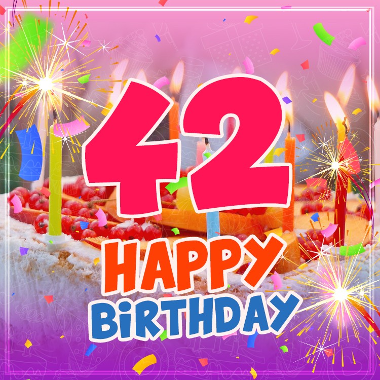 Happy 42nd Birthday Greeting Card with cake and candles (square shape image)