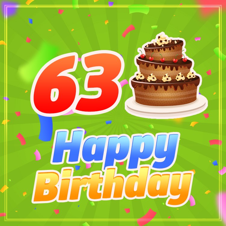 Happy 63rd Birthday picture with cartoon chocolate cake (square shape image)