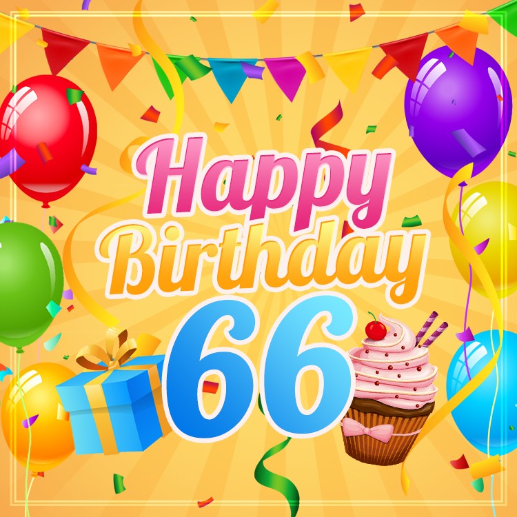 Happy 66th Birthday image with cupcake and gift box (square shape image)