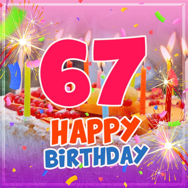 Happy 67th Birthday beautiful image with cake and candles (square shape image)