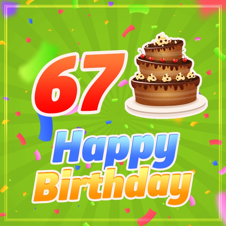 Happy 67th Birthday image with cartoon chocolate cake (square shape image)