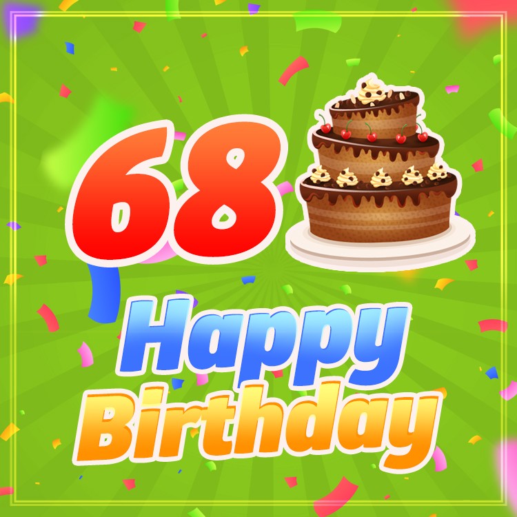 Happy 68th Birthday Greeting Card with cartoon chocolate cake (square shape image)