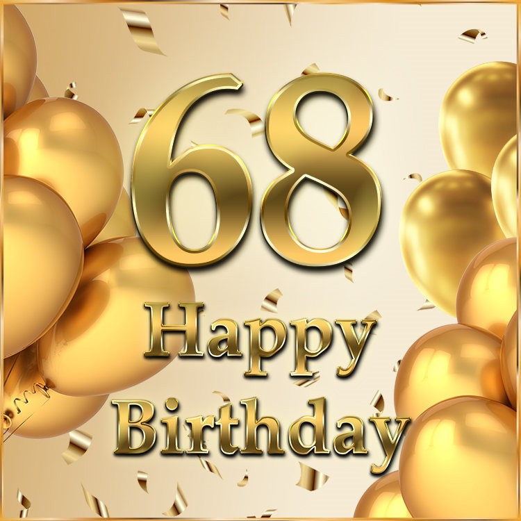 Happy 68th Birthday image with golden number and confetti (square shape image)