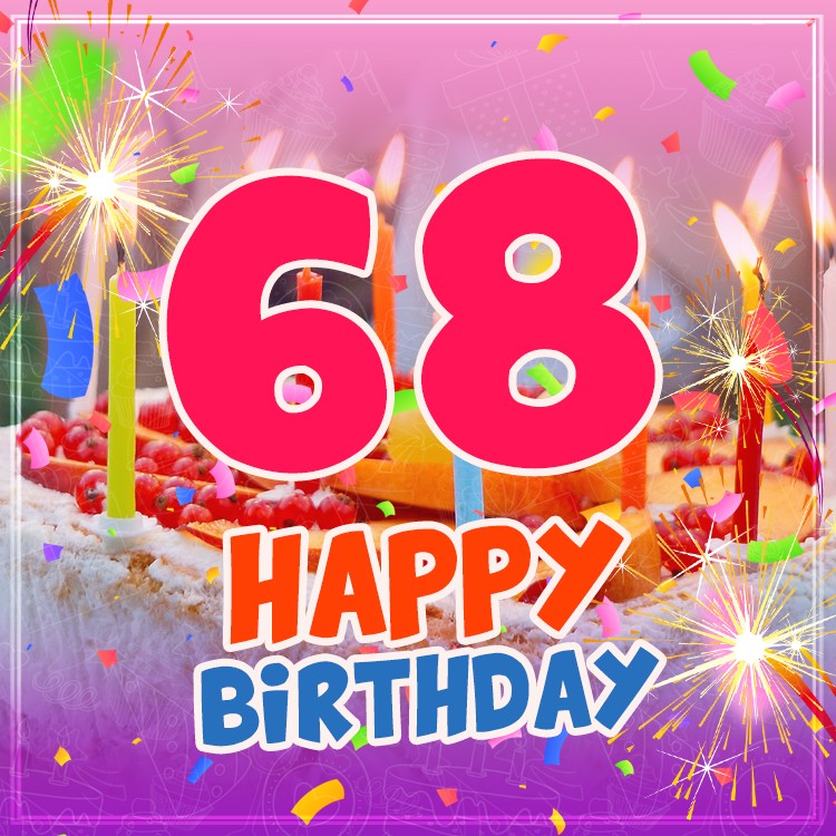 Happy 68th Birthday Greeting Card with cake and candles (square shape image)