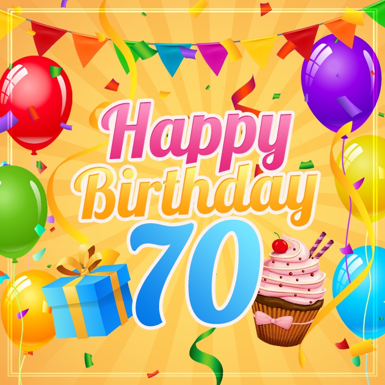 Happy 70th Birthday image with cupcake and gift box (square shape image)