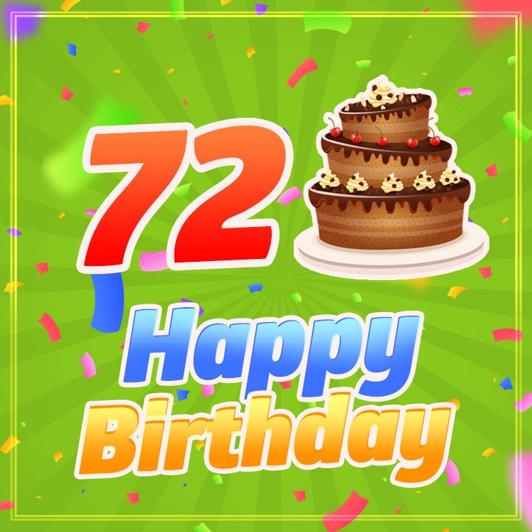 Happy 72nd Birthday Greeting Card with cartoon chocolate cake (square shape image)