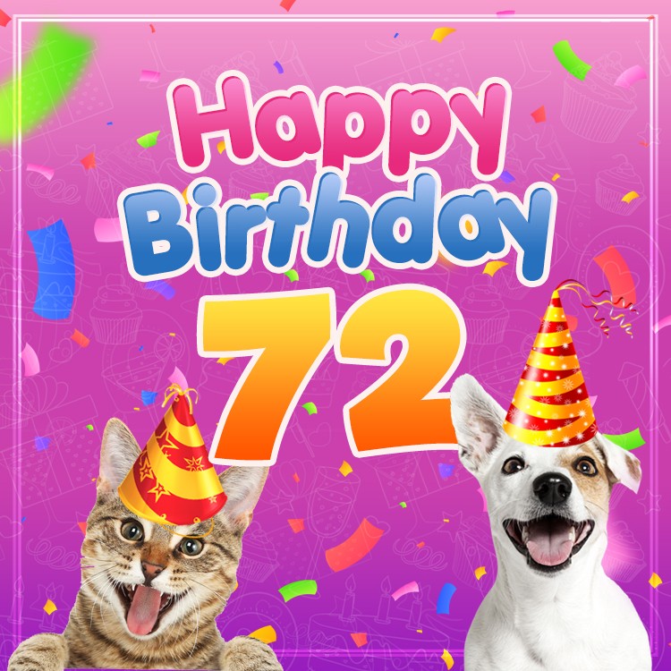 Happy 72nd Birthday funny image with cat and dog (square shape image)