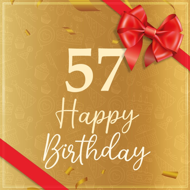 Happy 57th Birthday greting card with red bow and ribbon (square shape image)