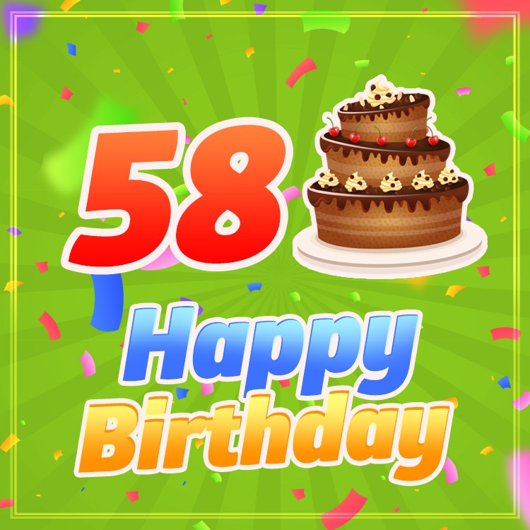 Happy 58th Birthday image with cartoon chocolate cake (square shape image)