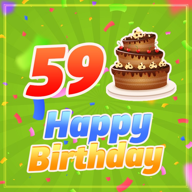 Happy 59th Birthday picture with cartoon chocolate cake (square shape image)