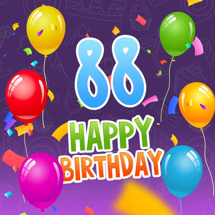 Happy 88th Birthday picture with colorful balloons and confetti (square shape image)