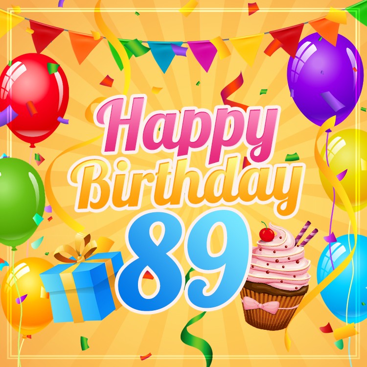 Happy 89th Birthday picture with cupcake and blue gift box (square shape image)