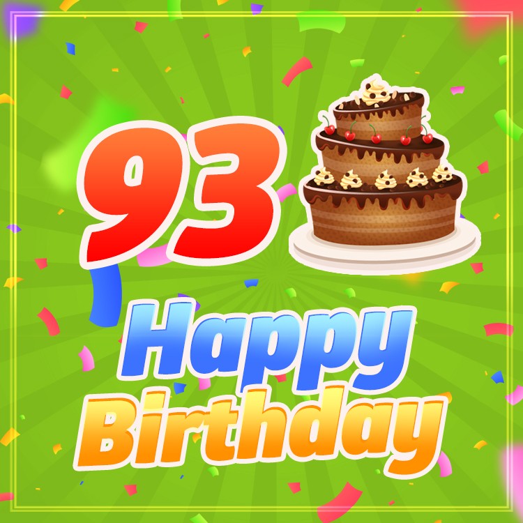 Happy 93rd Birthday picture with cartoon chocolate cake (square shape image)