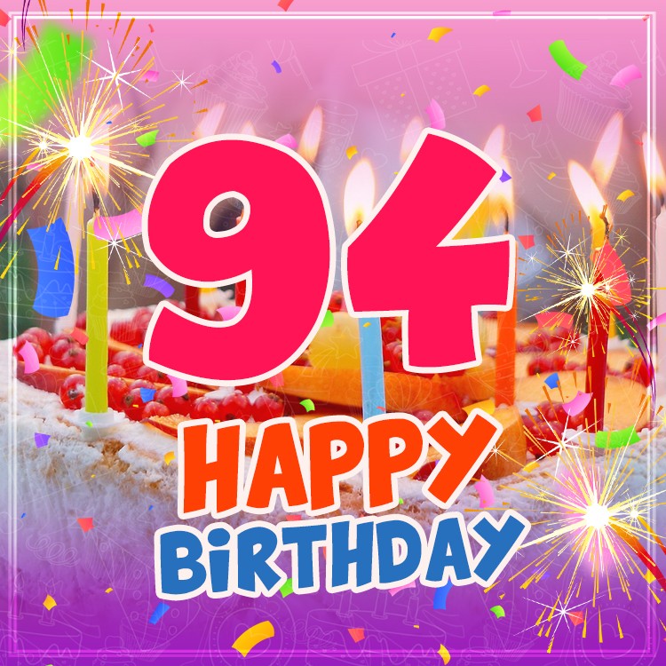 Happy 94th Birthday image with cake and candles (square shape image)