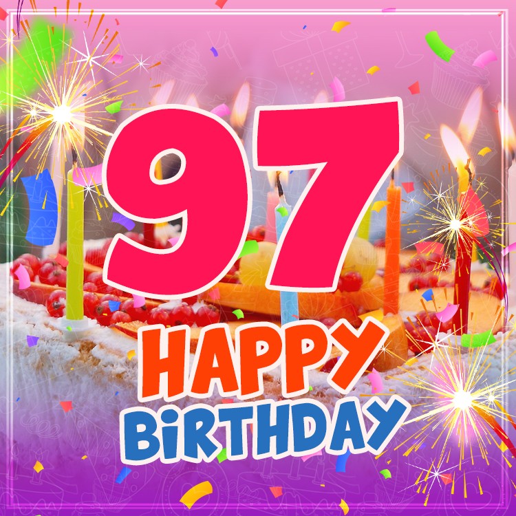 Happy 97th Birthday image with cake and candles (square shape image)