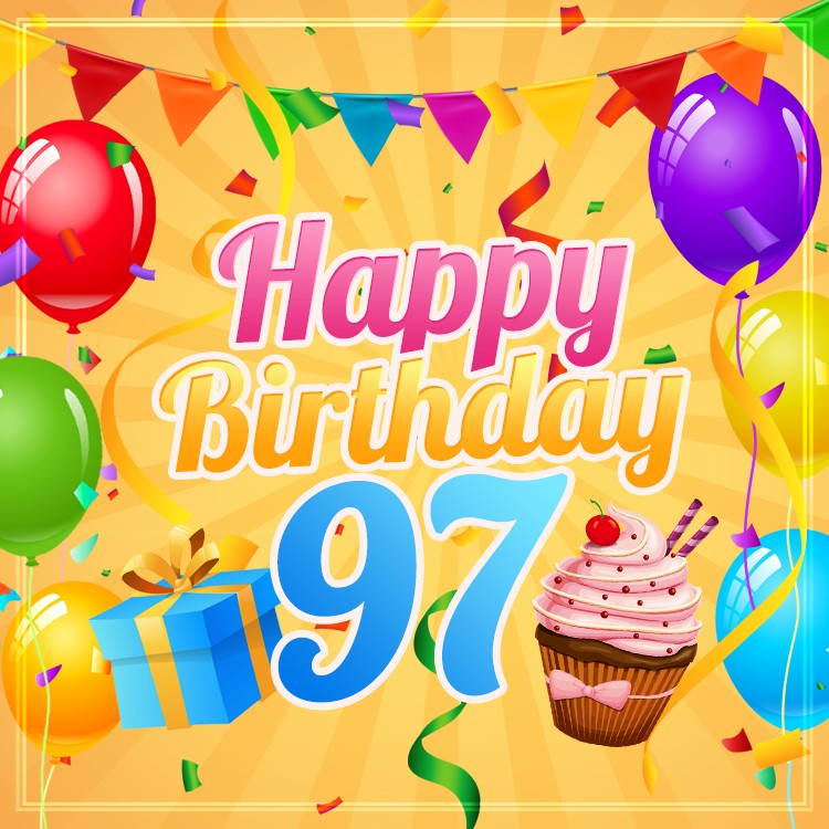 Happy 97th Birthday image with cupcake and gift box (square shape image)