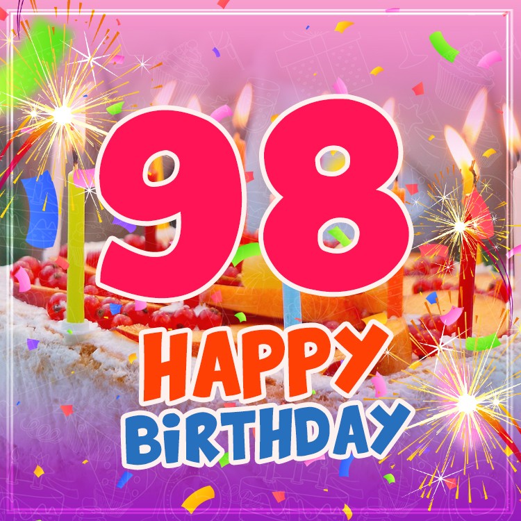 Happy 98th Birthday image with cake and candles (square shape image)