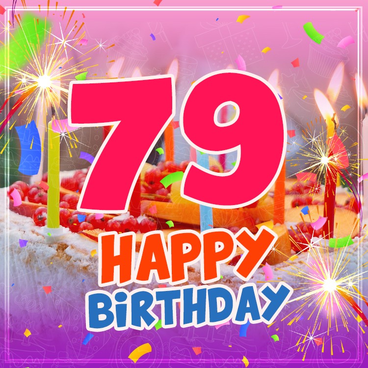 Happy 79th Birthday Greeting Card with cake and candles (square shape image)