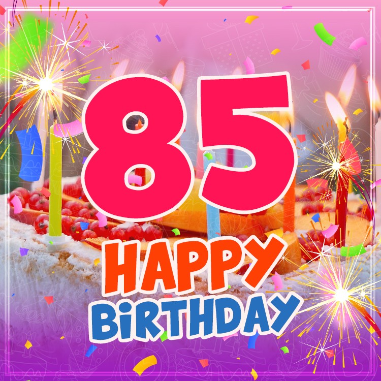 Happy 85th Birthday picture with cake and candles (square shape image)