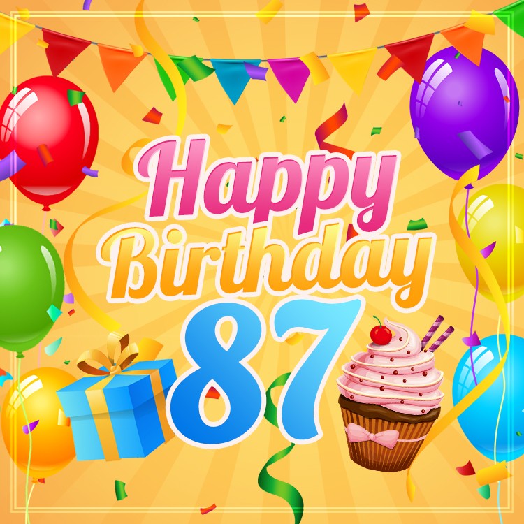 Happy 87th Birthday image with cupcake and gift box (square shape image)