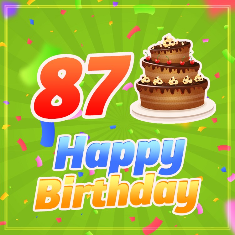 Happy 87th Birthday image with cartoon chocolate cake (square shape image)