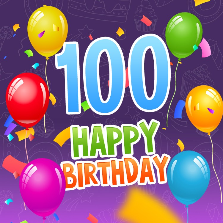 Happy 100th Birthday picture with colorful balloons (square shape image)