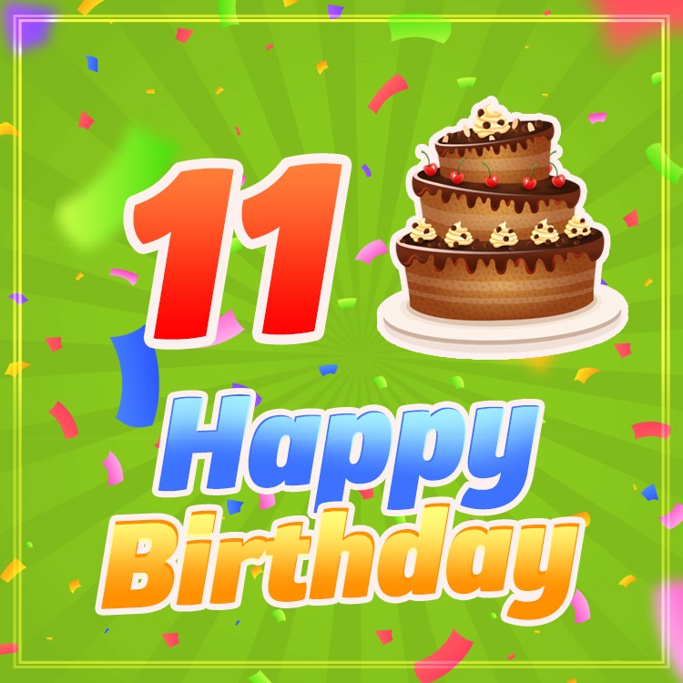 Happy 11th Birthday Picture with cartoon cake (square shape image)