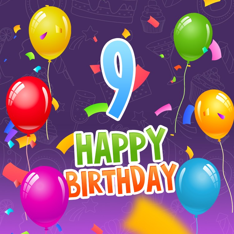 Happy 9th Birthday Image with colorful balloons (square shape image)