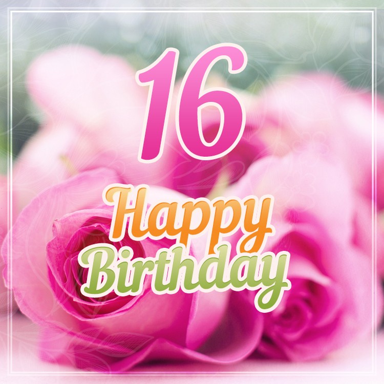 Happy 16th Birthday picture with pink roses (square shape image)